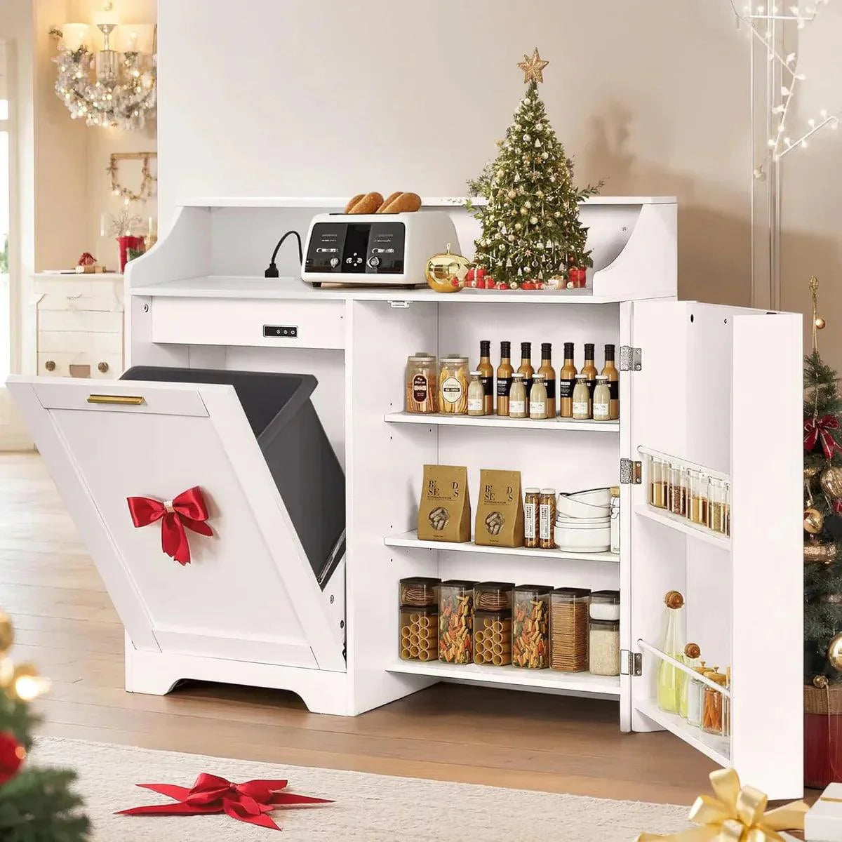VECELO Tilt Out Trash Can Cabinet, Kitchen Trash Bin Cabinet with Adjustable Shelves and Charging Station. This is a multi-functional trash can cabinet that is both functional and beautiful.