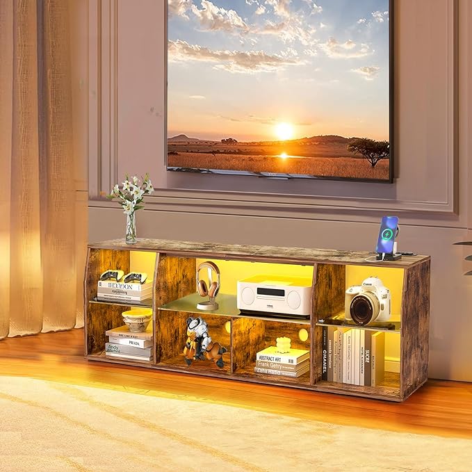 VECELO TV Stand with LED Strip & Power Outlets, Industrial Entertainment Center - VECELO