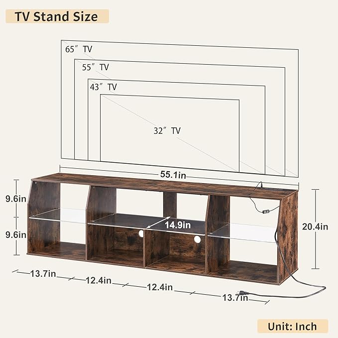 VECELO TV Stand with LED Strip & Power Outlets, Industrial Entertainment Center - VECELO