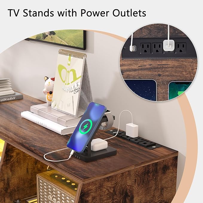 VECELO TV Stand with LED Strip & Power Outlets, Industrial Entertainment Center - VECELO