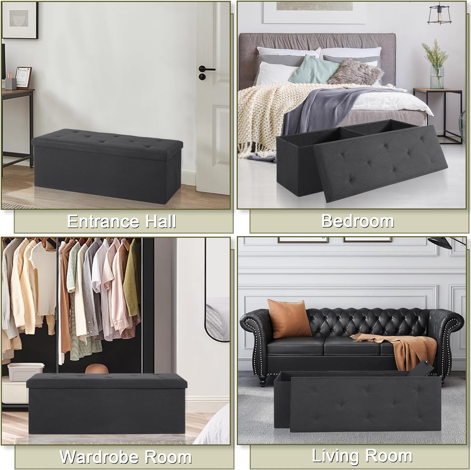 VECELO Folding Storage Ottoman Bench, Storage Chest, Linen Fabric - VECELO