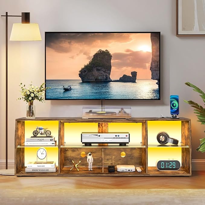 VECELO TV Stand with LED Strip & Power Outlets, Industrial Entertainment Center - VECELO
