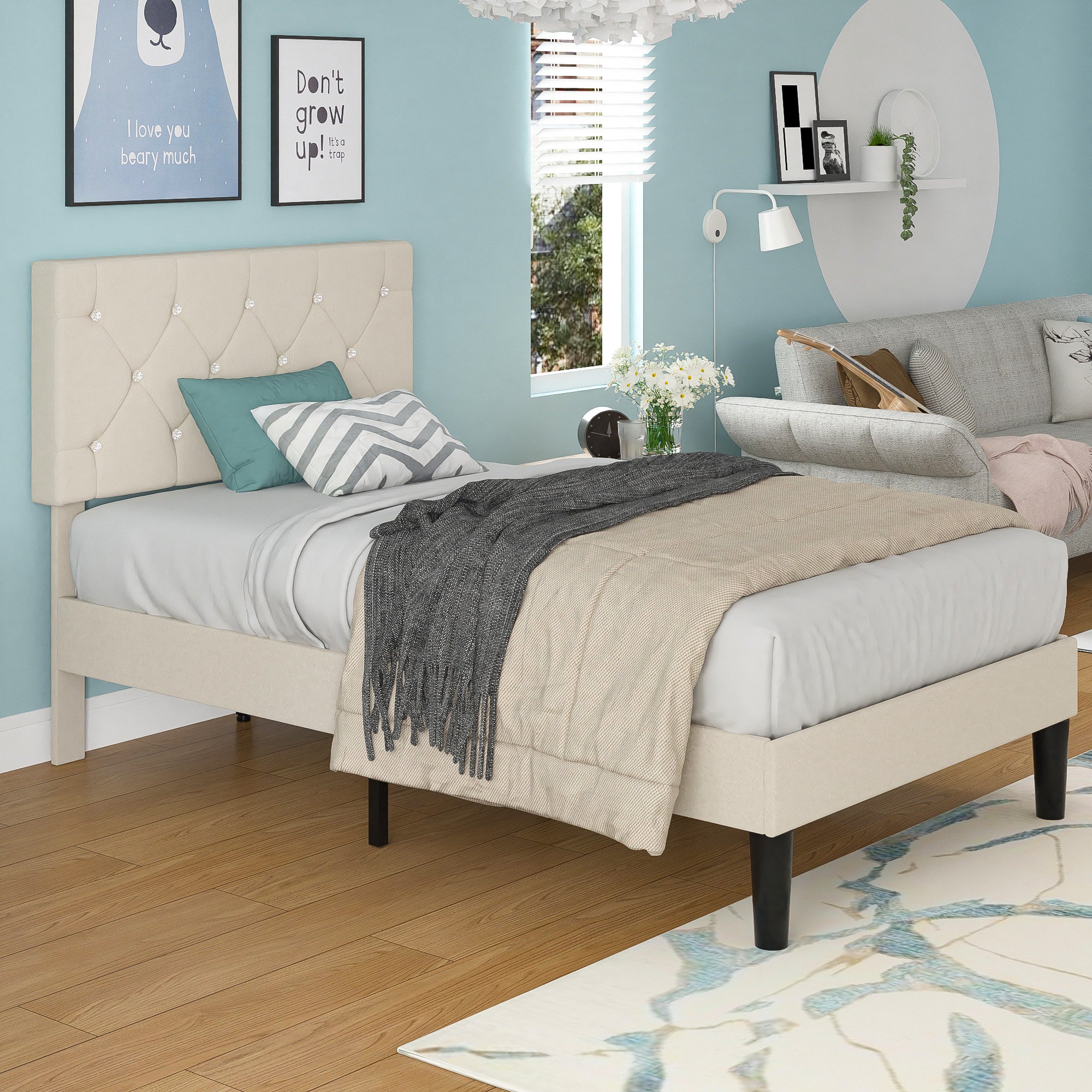 VECELO Twin Size Bed Frame, Upholstered Platform with Adjustable Diamond Tufted Headboard