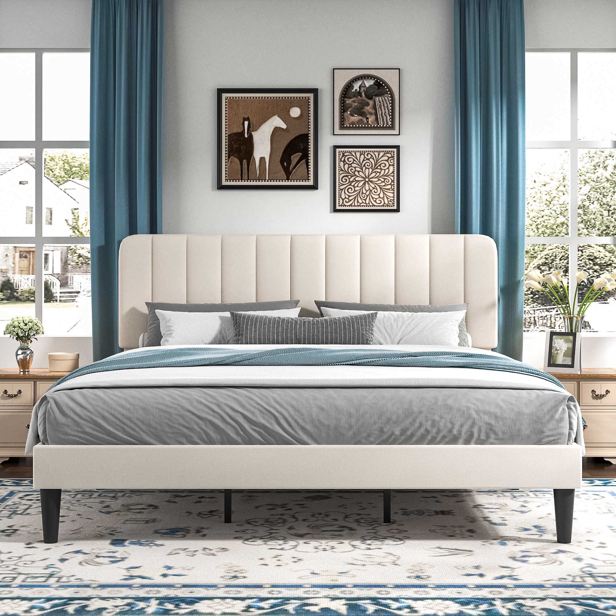 VECELO Upholstered Platform bedframe with Adjustable Headboard - VECELO
