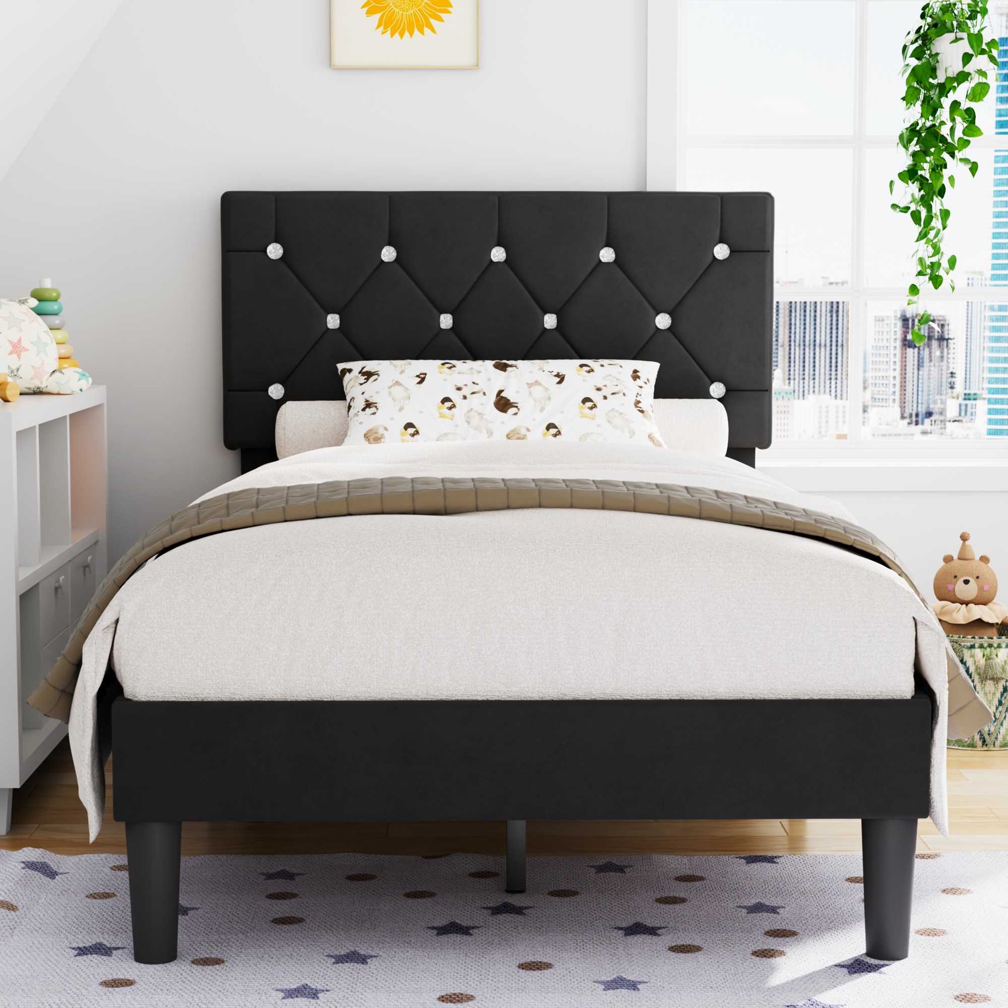 VECELO Bed Frame, Upholstered Platform with Adjustable Diamond Tufted Headboard - VECELO