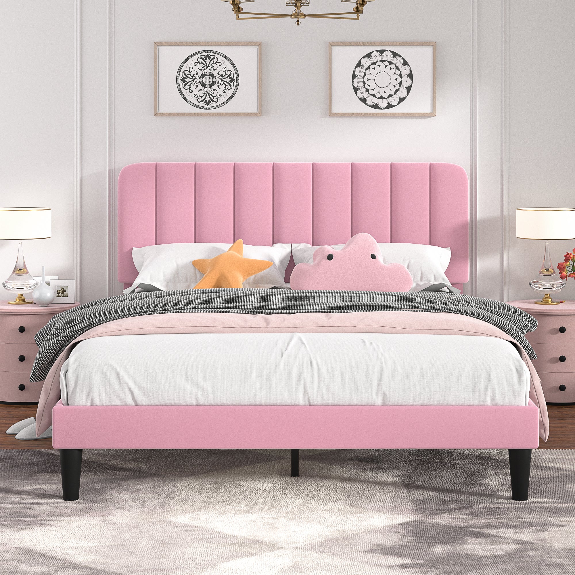 VECELO Upholstered Platform bedframe with Adjustable Headboard - VECELO
