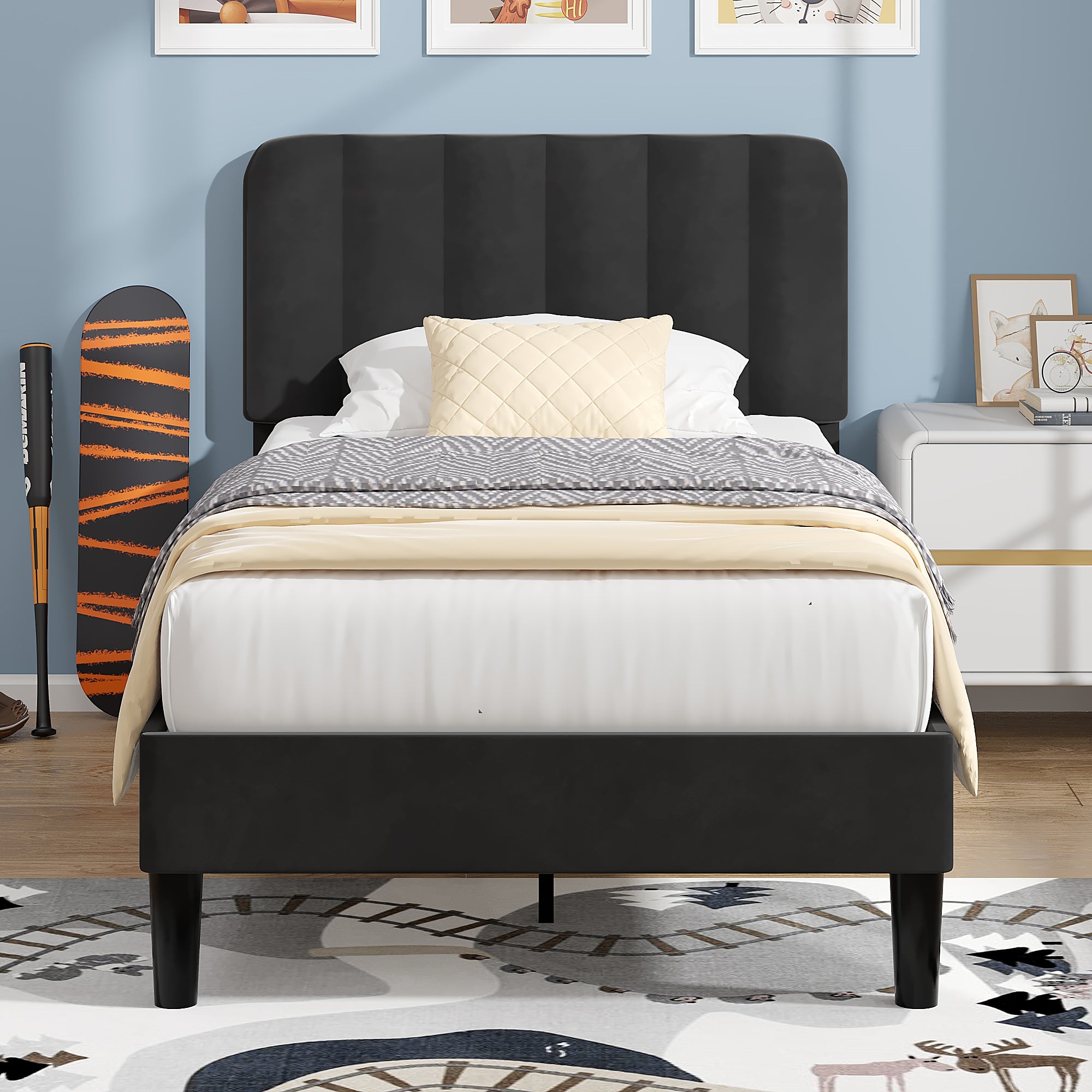 VECELO Upholstered Platform bedframe with Adjustable Headboard - VECELO