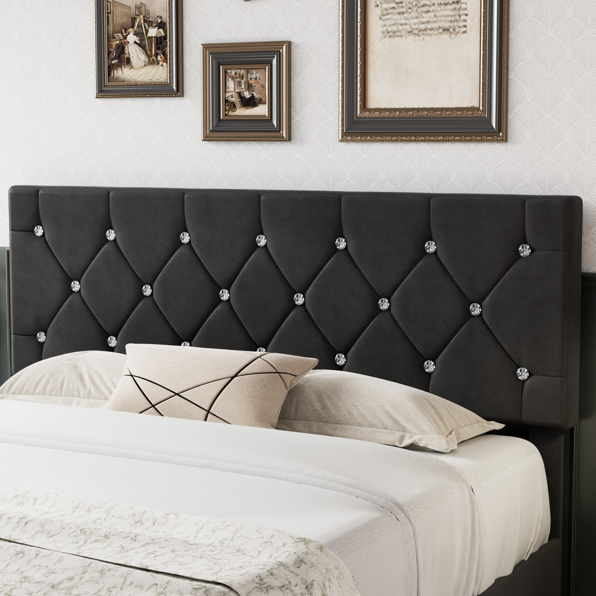 VECELO Bed Frame, Upholstered Platform with Adjustable Diamond Tufted Headboard - VECELO