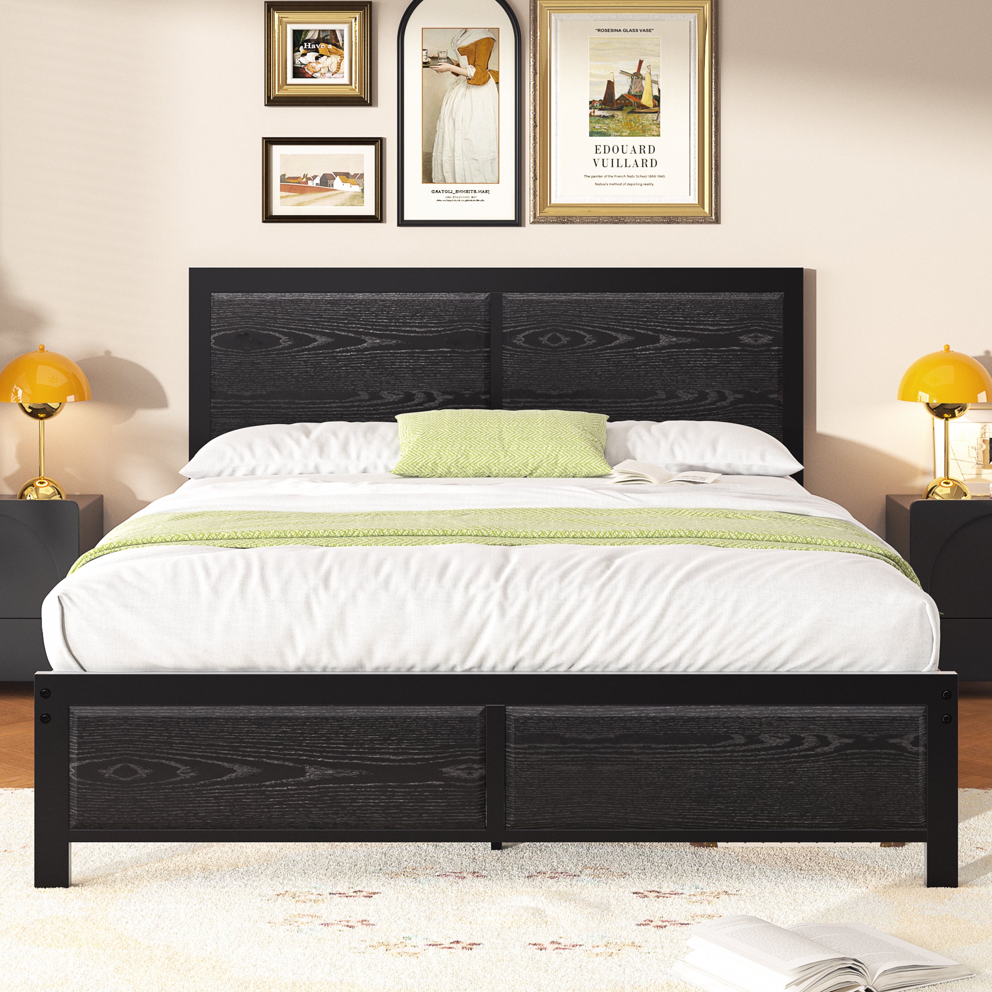 VECELO Platform Bed Frame, Mattress Foundation with Rustic Vintage Wood Headboard - VECELO