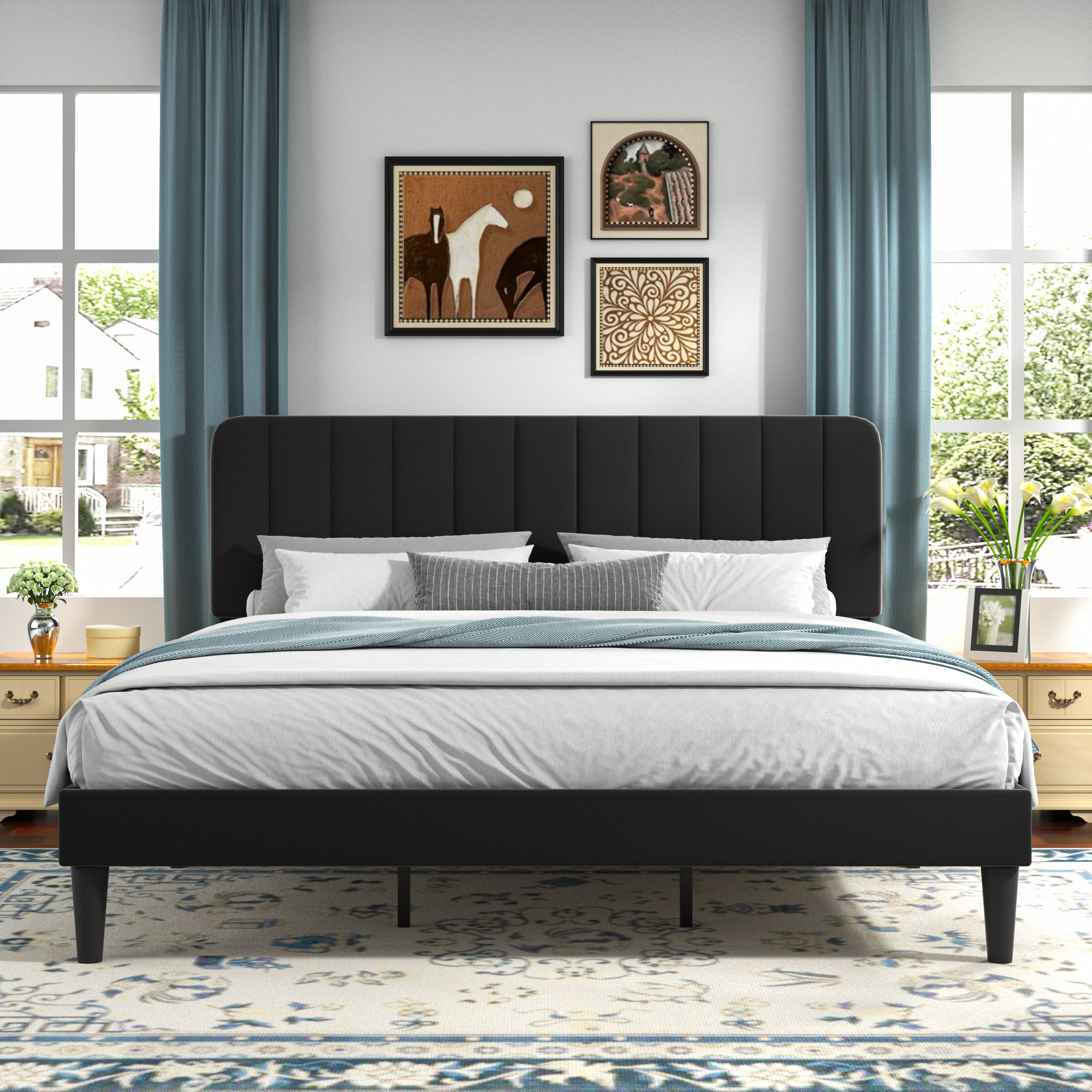 VECELO Upholstered Platform bedframe with Adjustable Headboard - VECELO