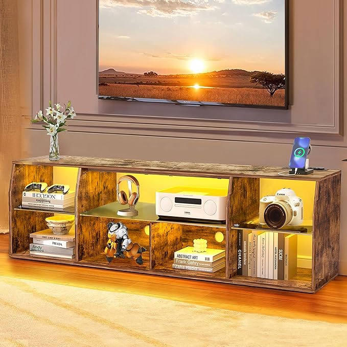 VECELO TV Stand with LED Strip & Power Outlets, Industrial Entertainment Center - VECELO
