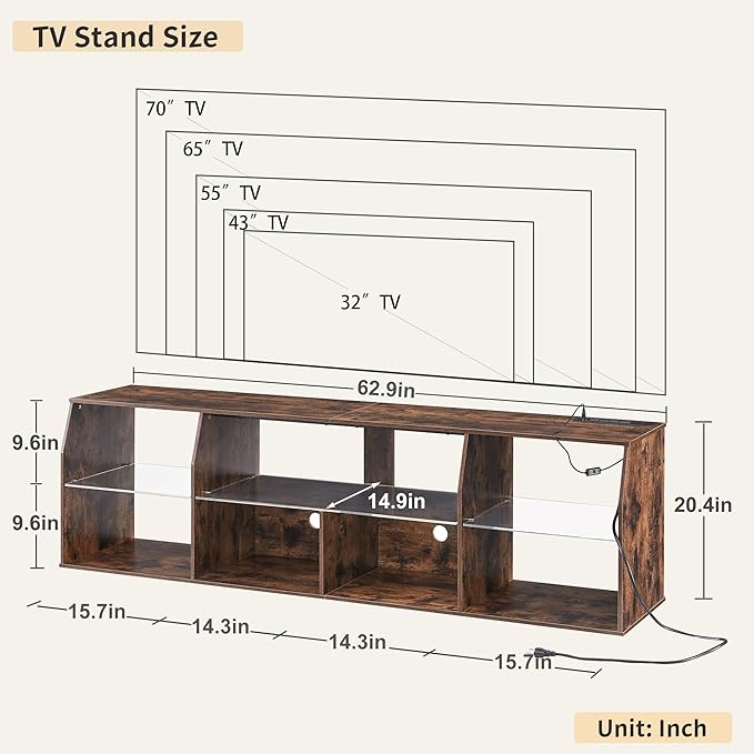 VECELO TV Stand with LED Strip & Power Outlets, Industrial Entertainment Center - VECELO