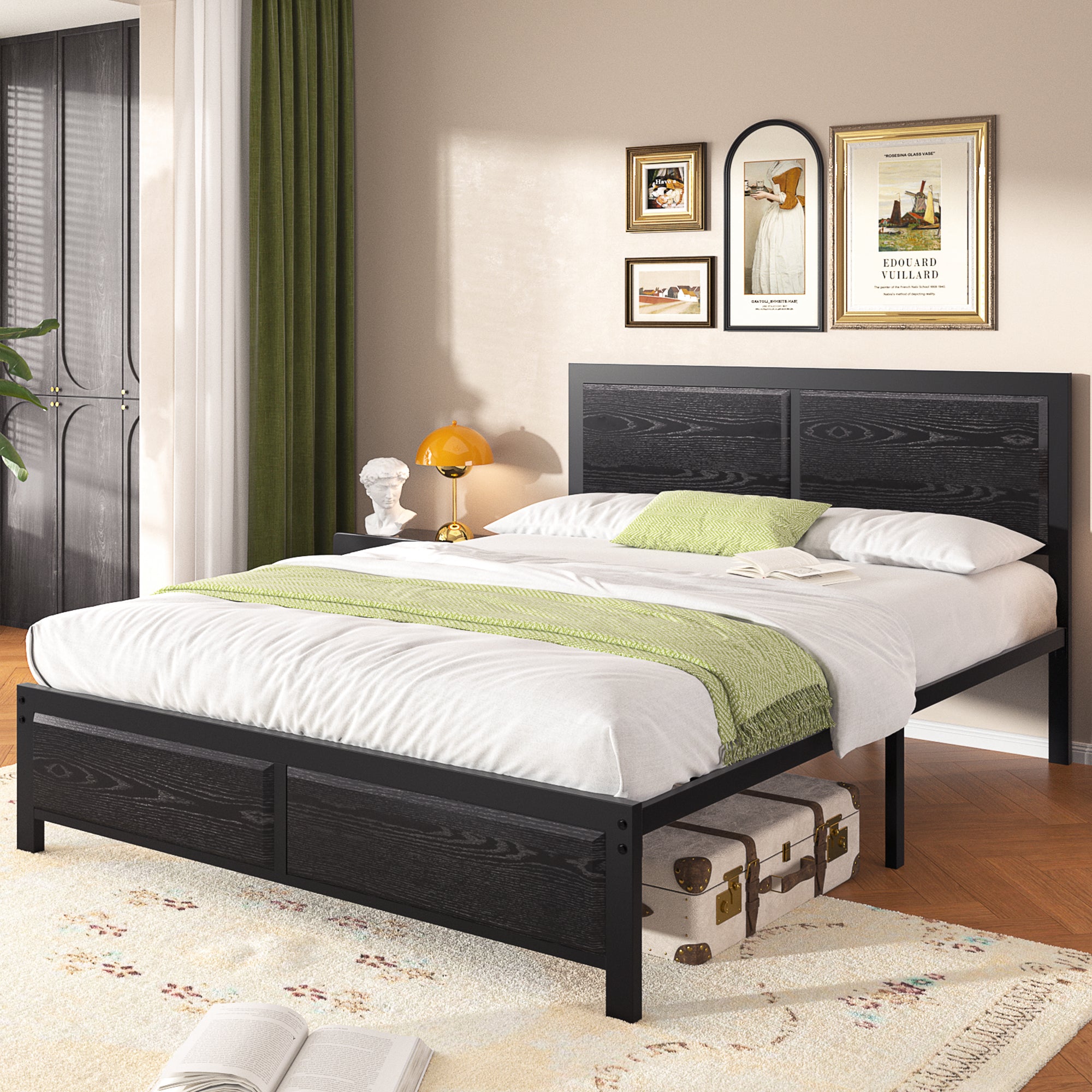 VECELO Platform Bed Frame, Mattress Foundation with Rustic Vintage Wood Headboard - VECELO