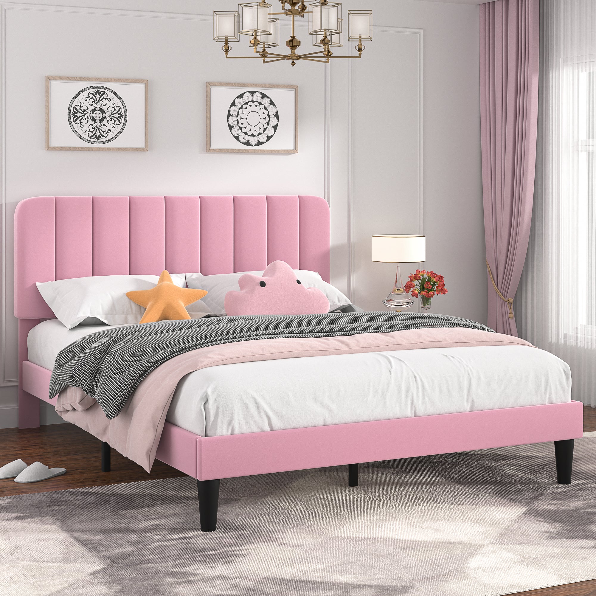 VECELO Upholstered Platform bedframe with Adjustable Headboard - VECELO