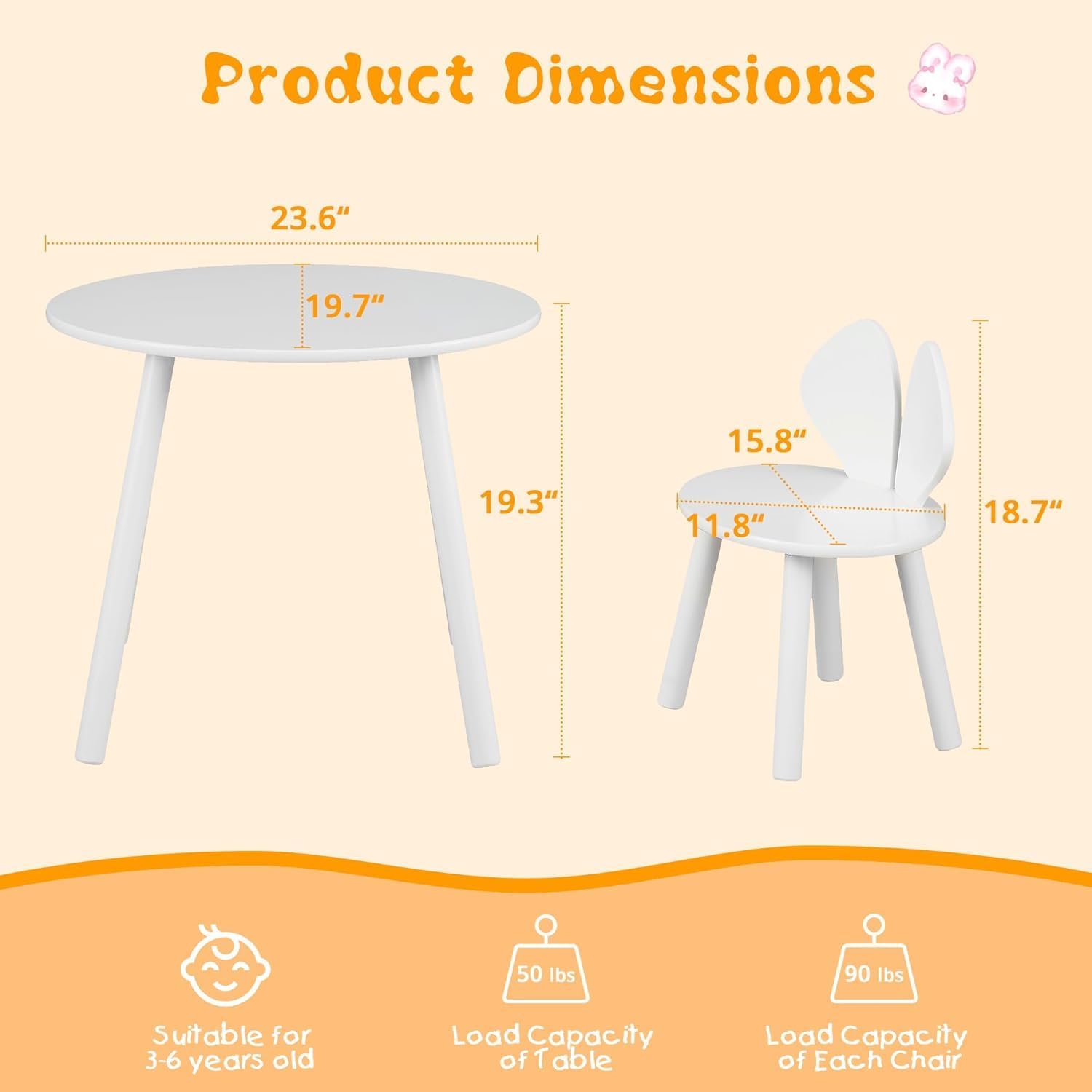 VECELO Kids Table and Chairs Set, Oval Tabletop and 2 Rabbit Chairs - VECELO