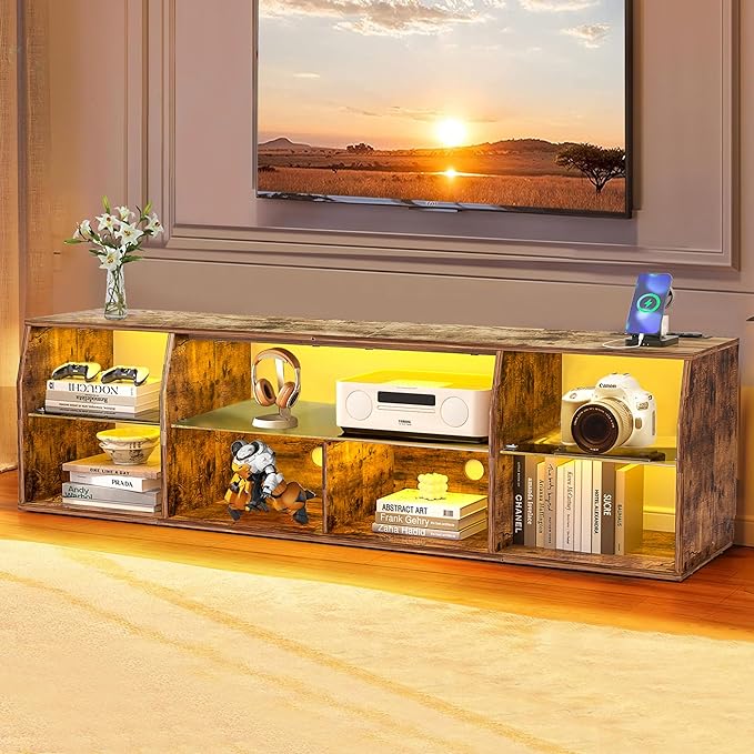 VECELO TV Stand with LED Strip & Power Outlets, Industrial Entertainment Center - VECELO