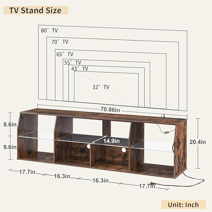 VECELO TV Stand with LED Strip & Power Outlets, Industrial Entertainment Center - VECELO