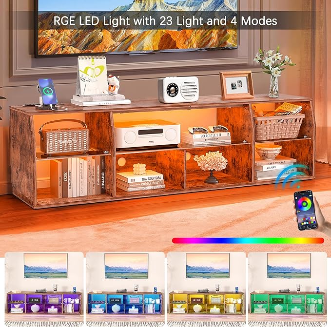 VECELO TV Stand with LED Strip & Power Outlets, Industrial Entertainment Center - VECELO