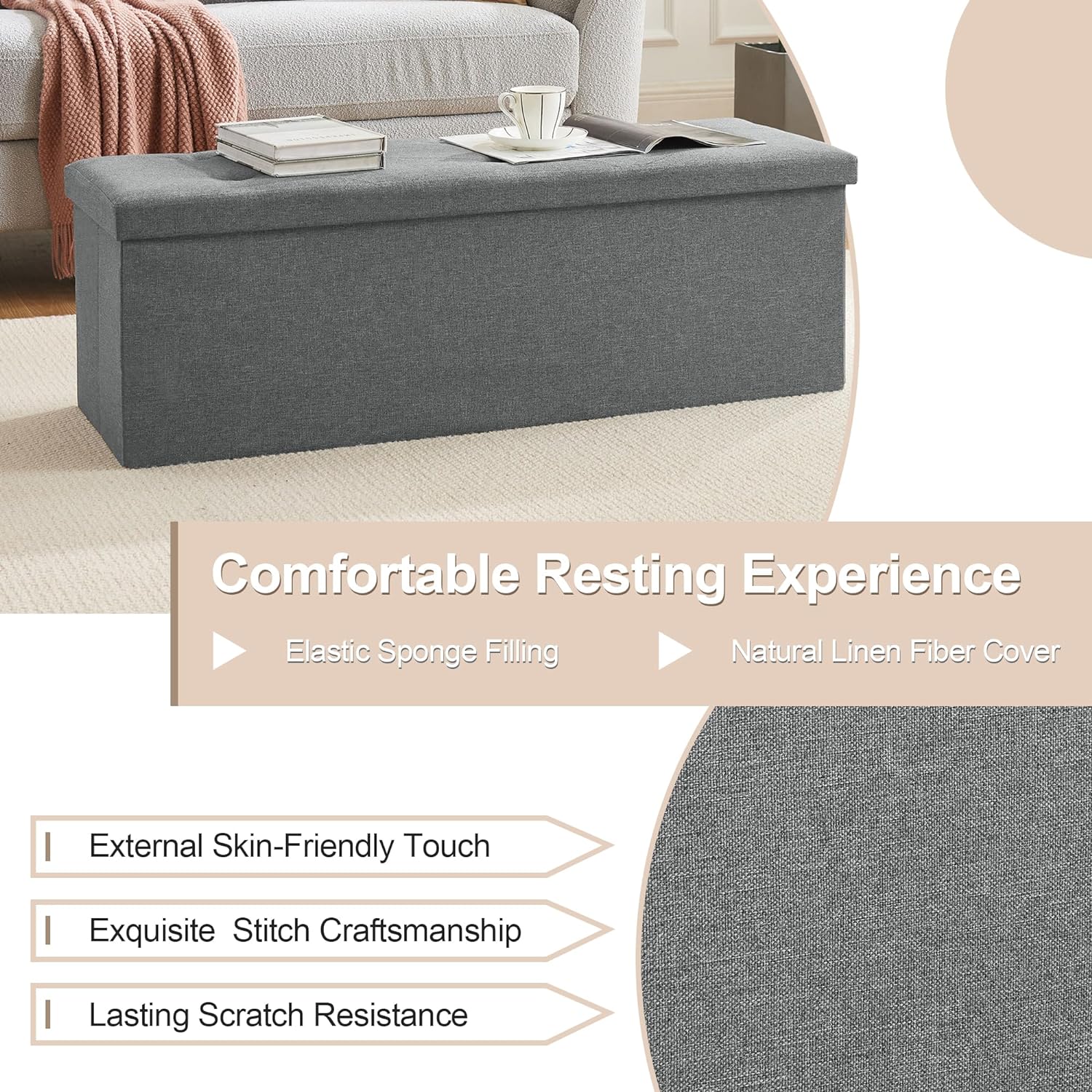 VECELO Folding Storage Ottoman Bench, Storage Chest, Linen Fabric - VECELO