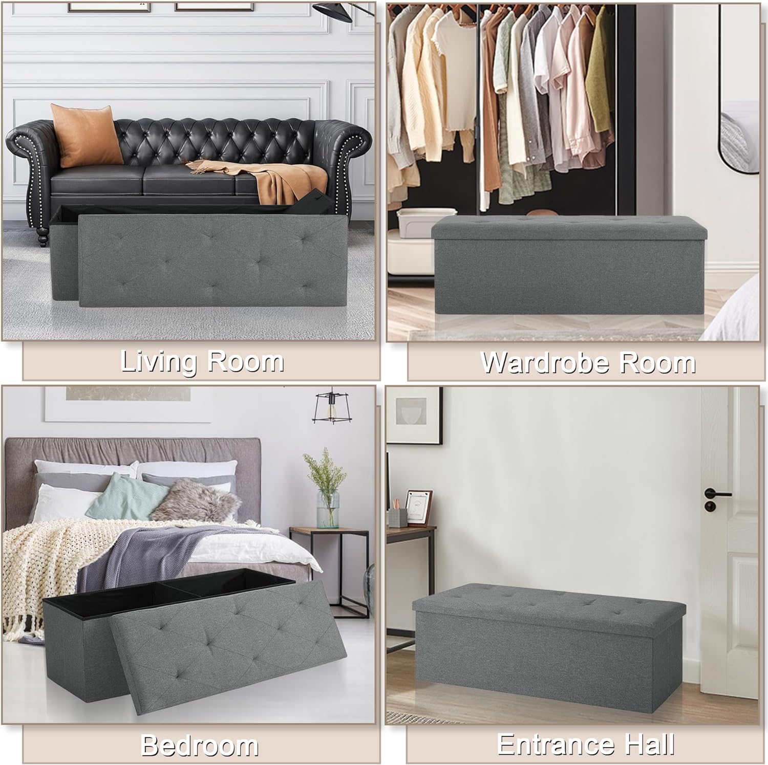 VECELO Folding Storage Ottoman Bench, Storage Chest, Linen Fabric - VECELO
