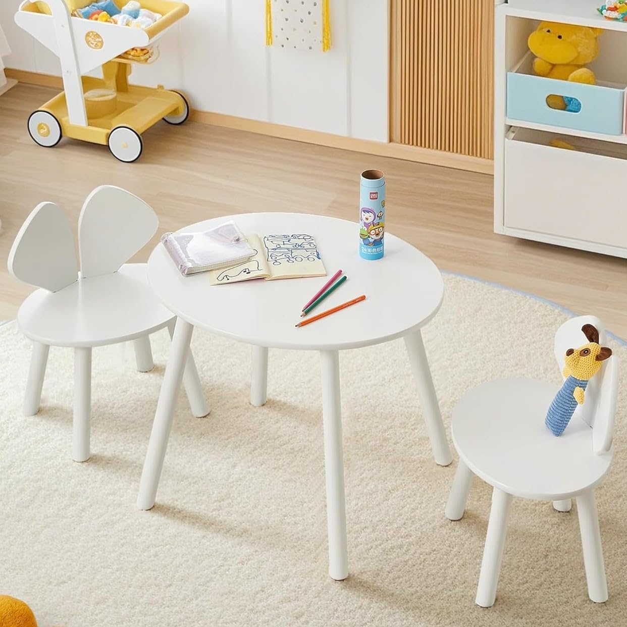 VECELO Kids Table and Chairs Set, Oval Tabletop and 2 Rabbit Chairs - VECELO