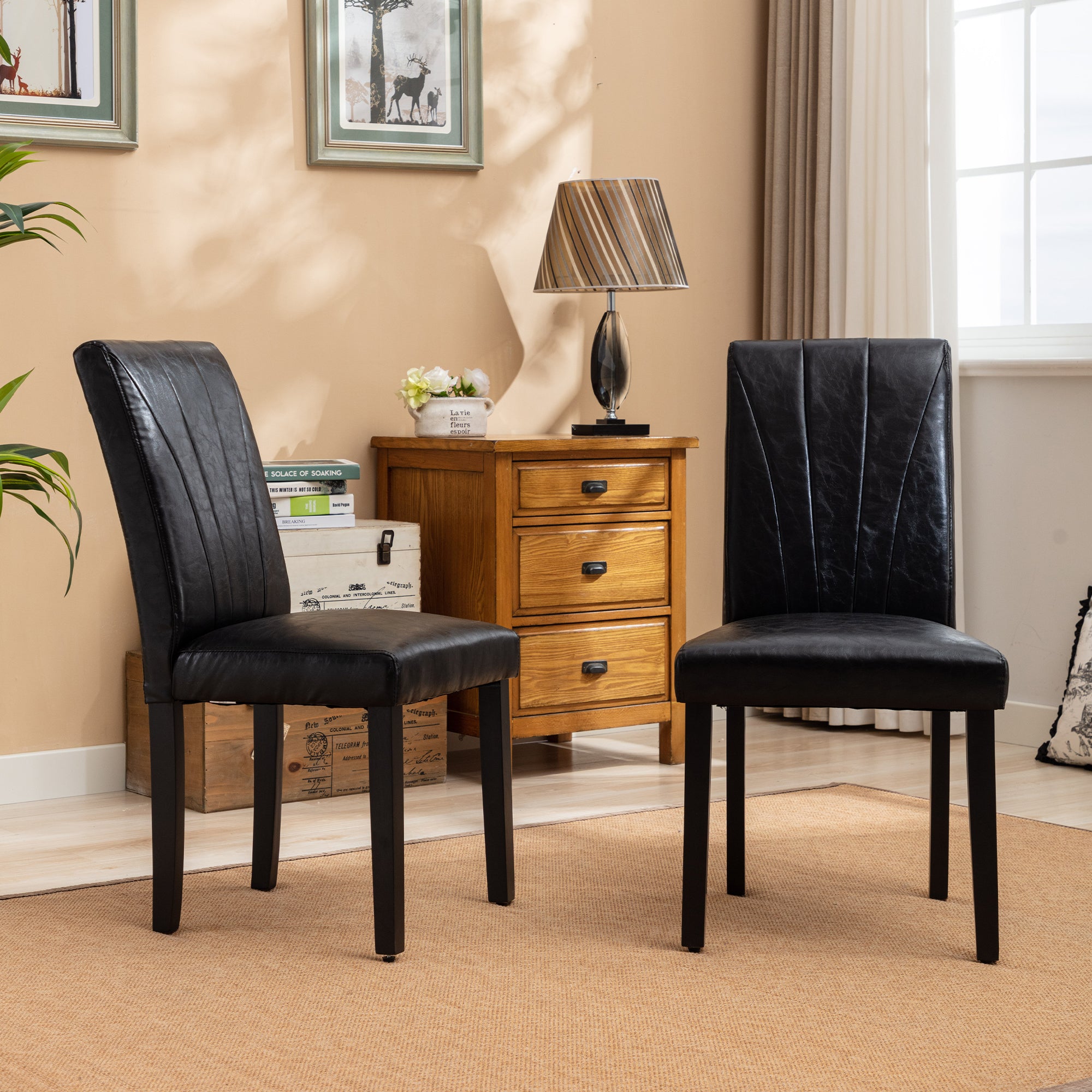 VECELO Set of 2 Upholstered Dining Chairs, Modern Fabric and Solid Wood Legs & High Back - VECELO