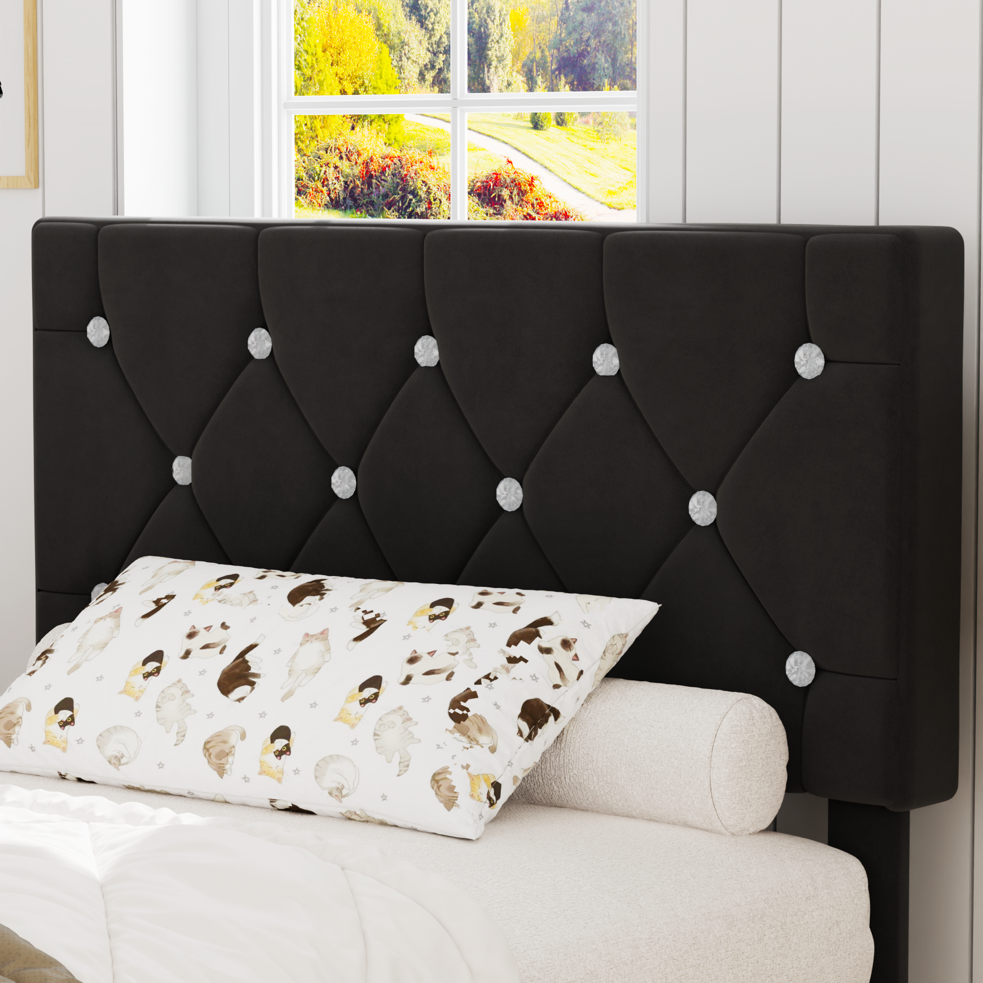 VECELO Bed Frame, Upholstered Platform with Adjustable Diamond Tufted Headboard - VECELO