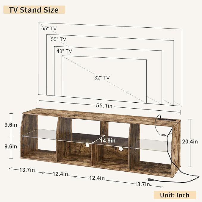 VECELO TV Stand with LED Strip & Power Outlets, Industrial Entertainment Center - VECELO
