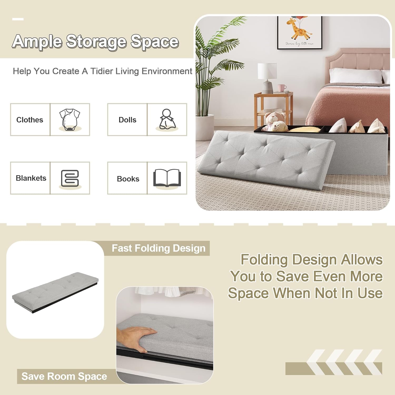 VECELO Folding Storage Ottoman Bench, Storage Chest, Linen Fabric - VECELO
