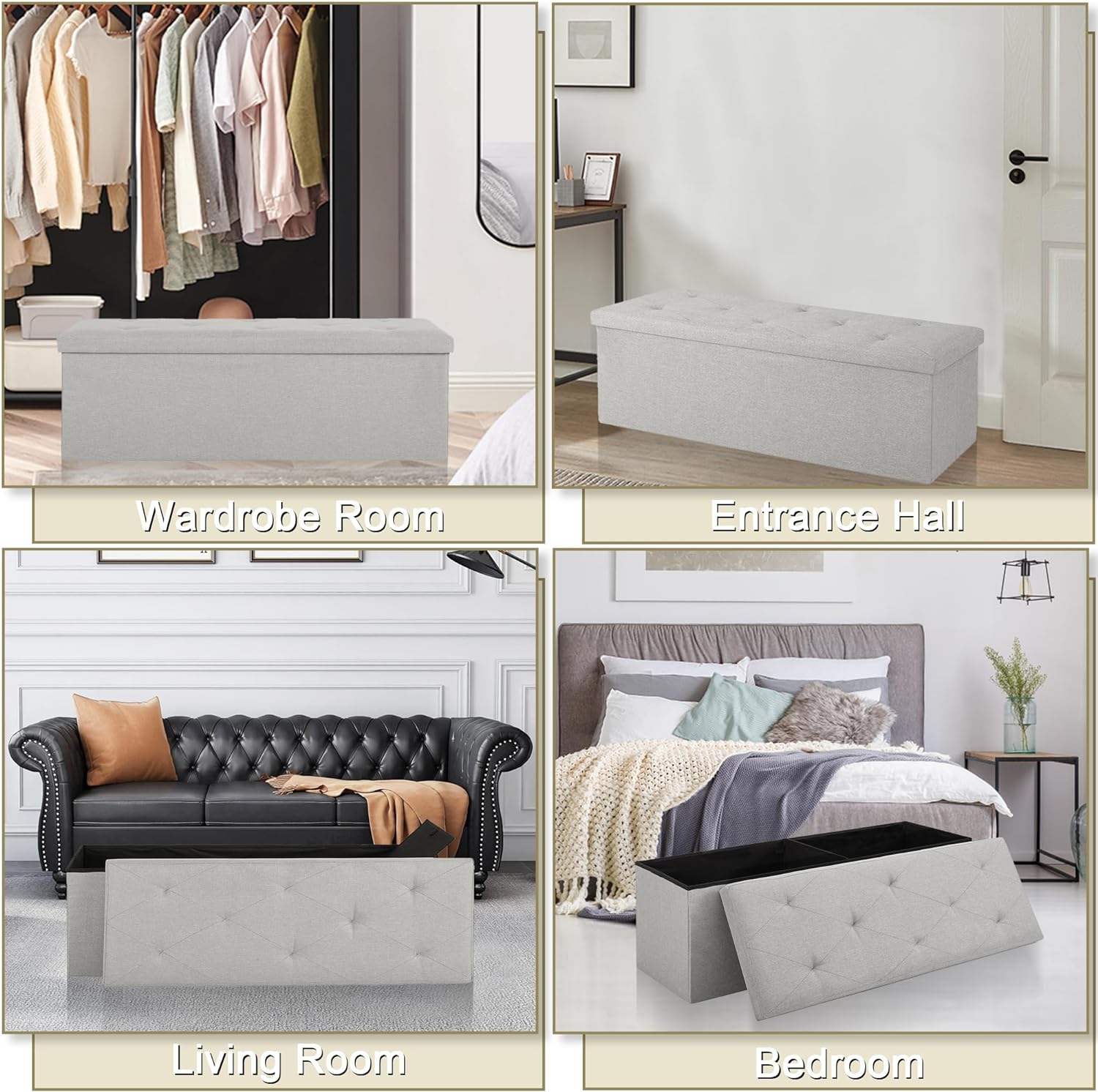 VECELO Folding Storage Ottoman Bench, Storage Chest, Linen Fabric - VECELO