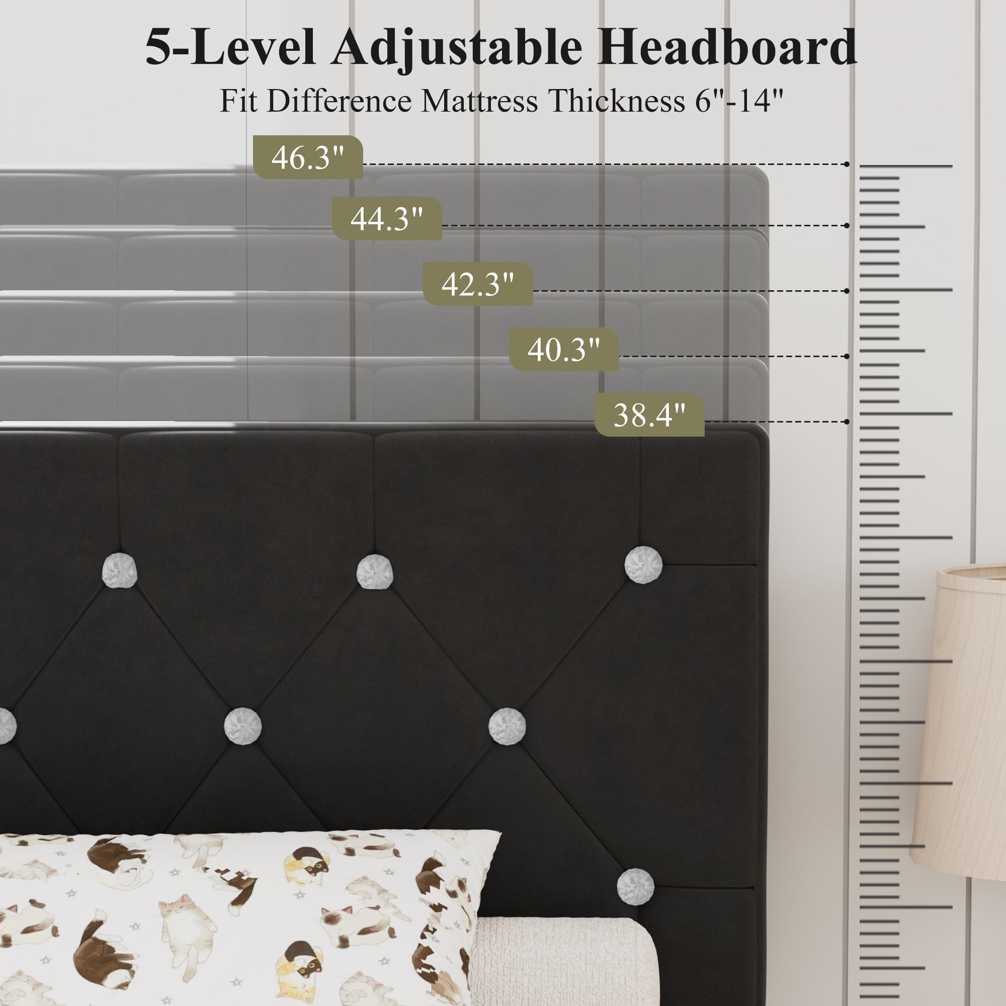 VECELO Bed Frame, Upholstered Platform with Adjustable Diamond Tufted Headboard - VECELO