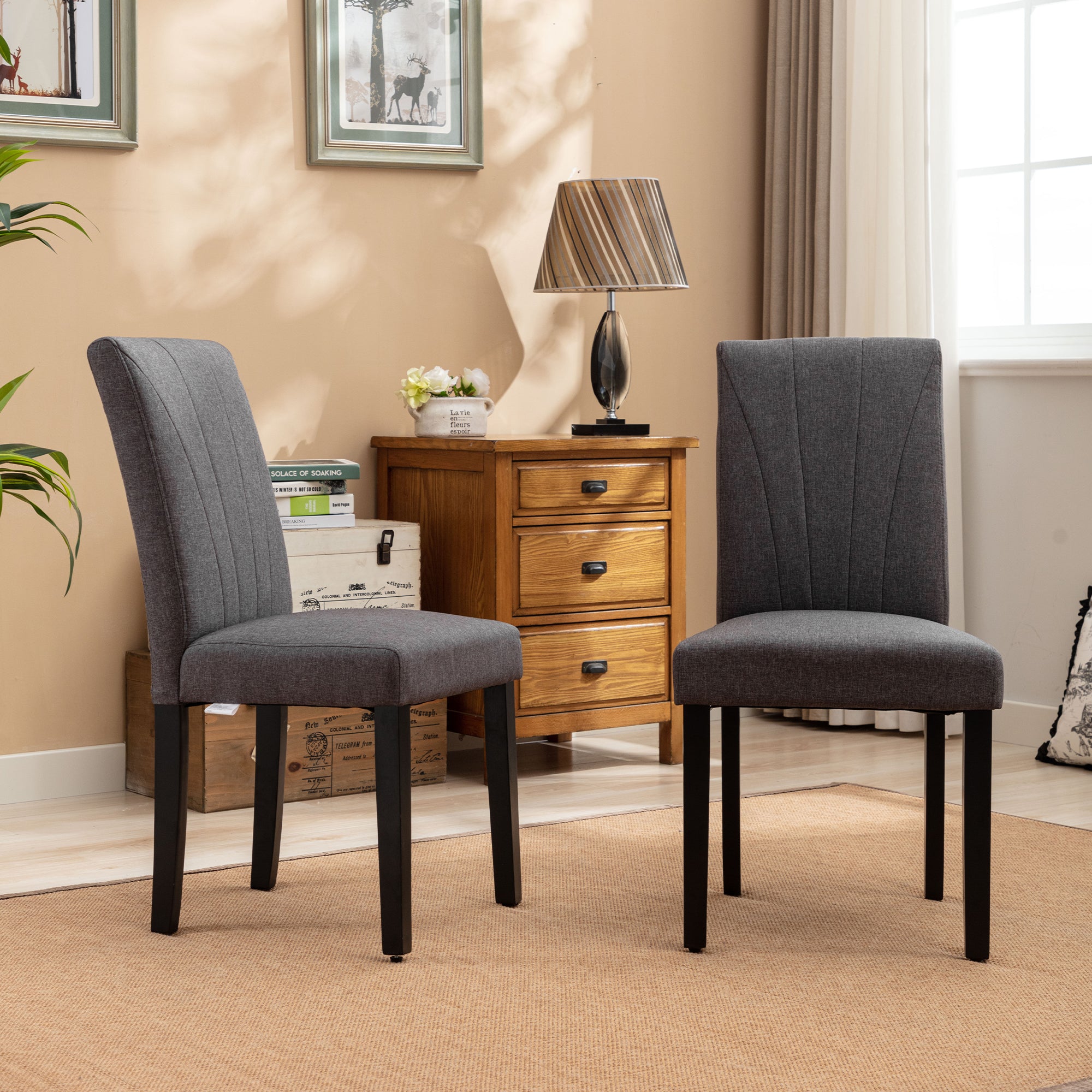 VECELO Set of 2 Upholstered Dining Chairs, Modern Fabric and Solid Wood Legs & High Back - VECELO