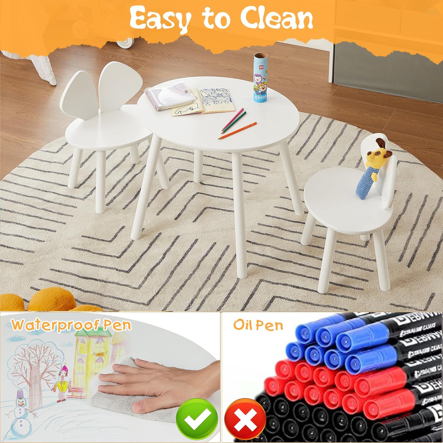 VECELO Kids Table and Chairs Set, Oval Tabletop and 2 Rabbit Chairs - VECELO
