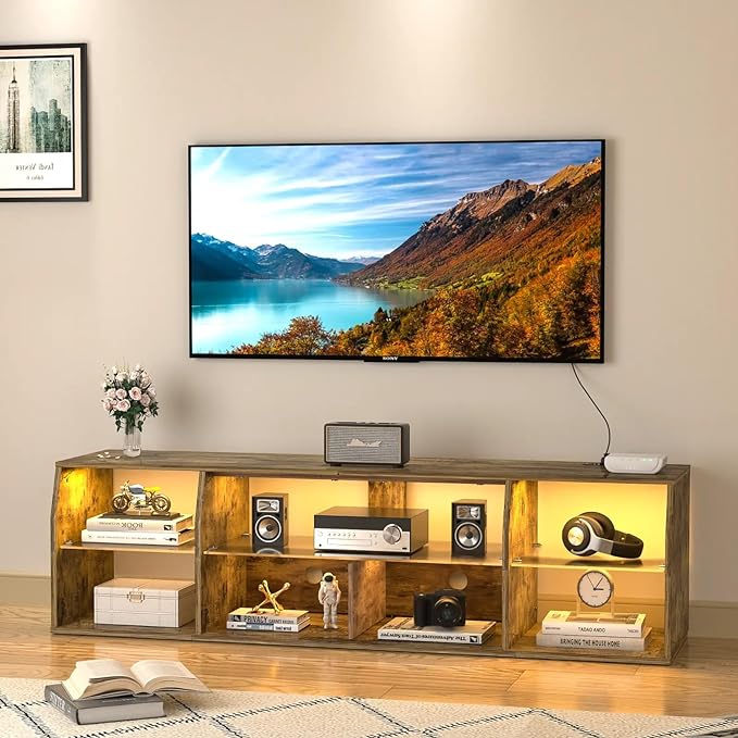 VECELO TV Stand with LED Strip & Power Outlets, Industrial Entertainment Center - VECELO