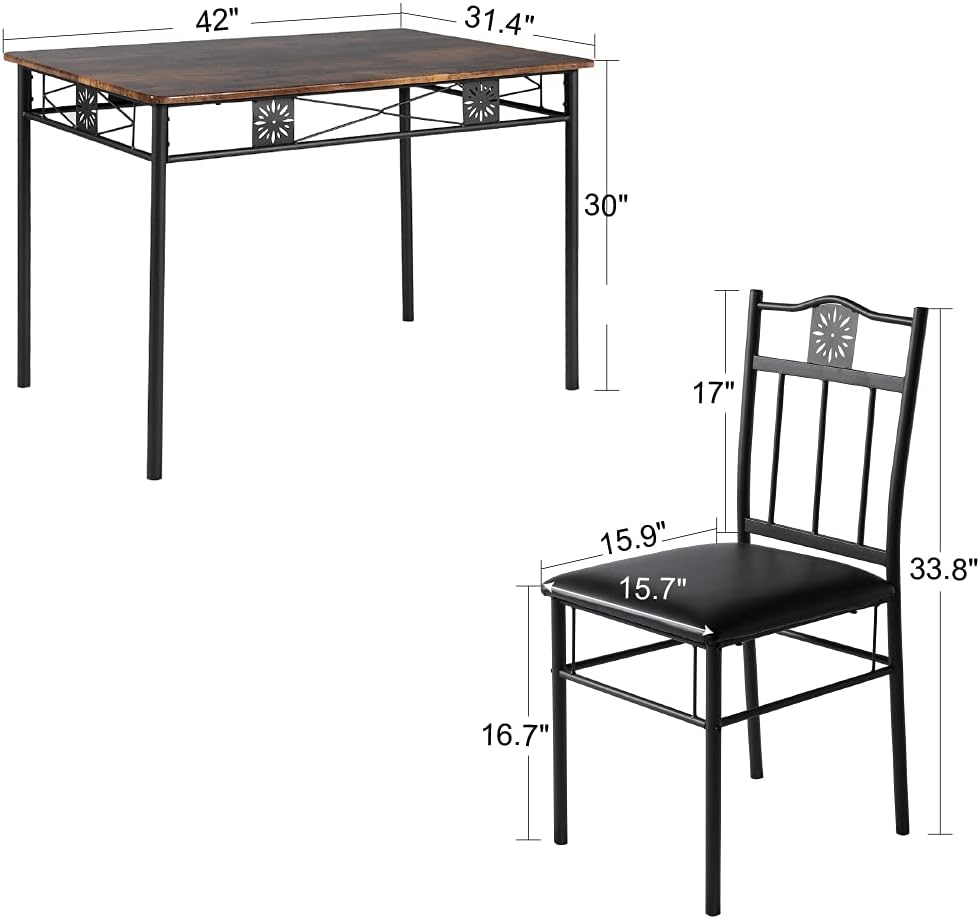 VECELO 5 Piece Dining Table Set with 4 Chairs Metal and Wood Rectangular Table - VECELO