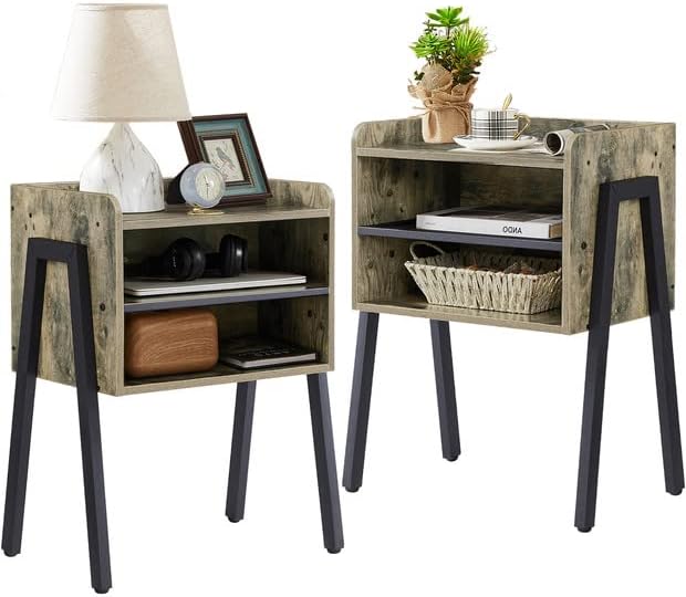 VECELO Nightstand Industrial Side End Table Accent Furniture with 2-Tier Open Storage Compartments - VECELO