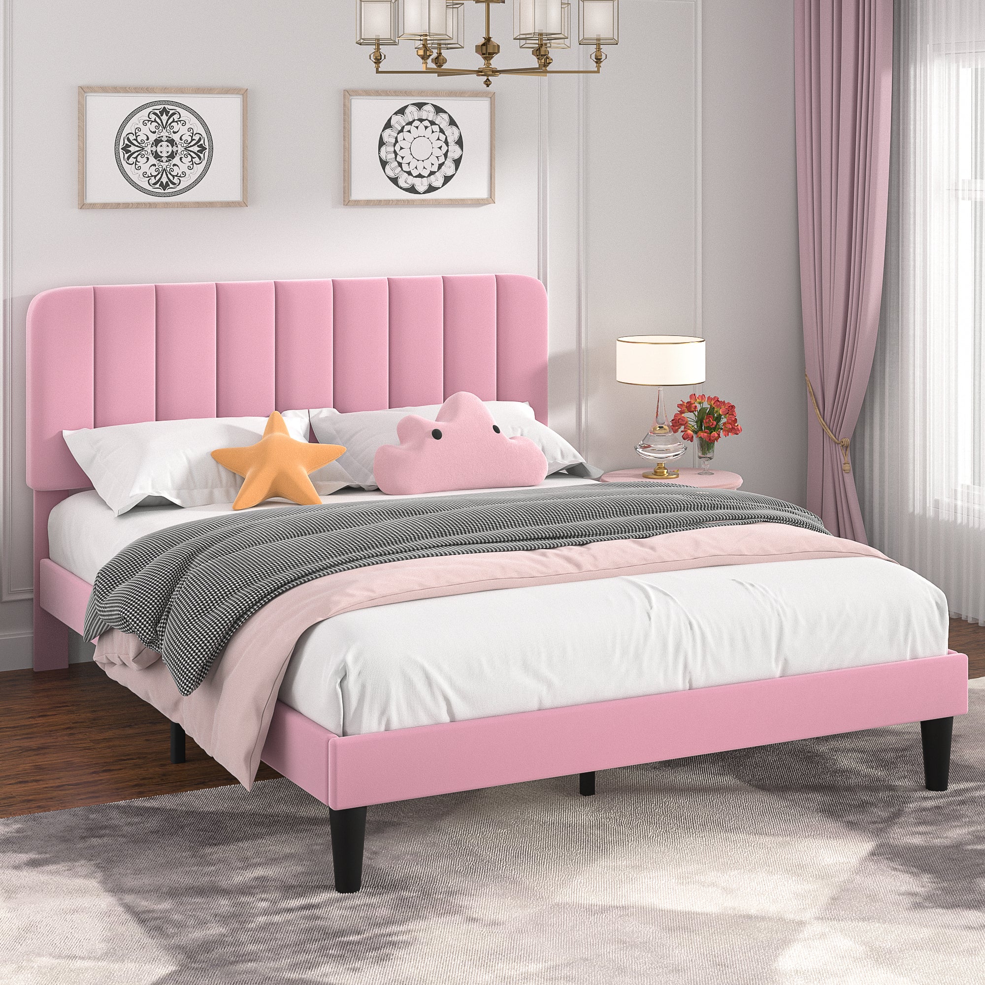 VECELO Upholstered Platform bedframe with Adjustable Headboard - VECELO