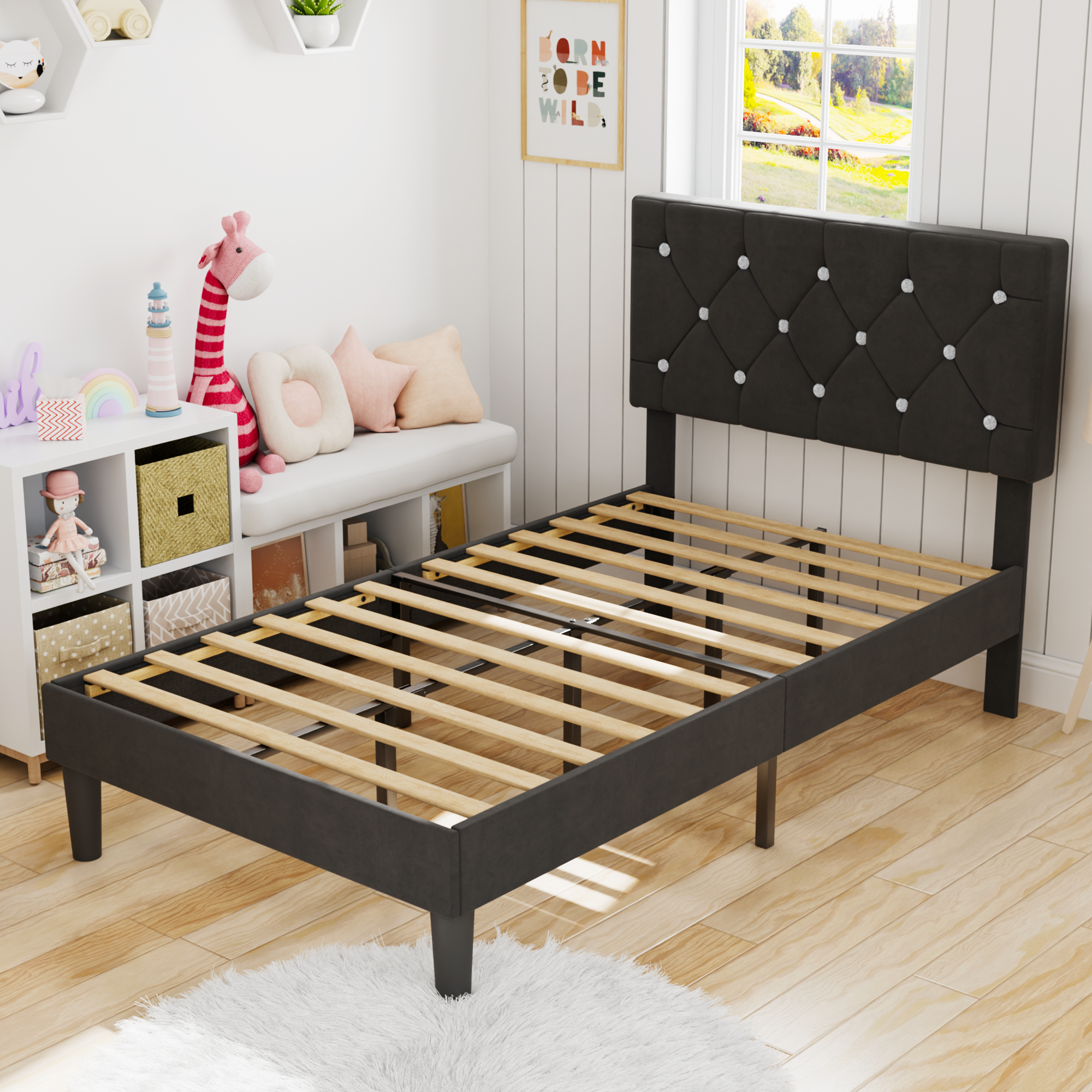 VECELO Bed Frame, Upholstered Platform with Adjustable Diamond Tufted Headboard - VECELO