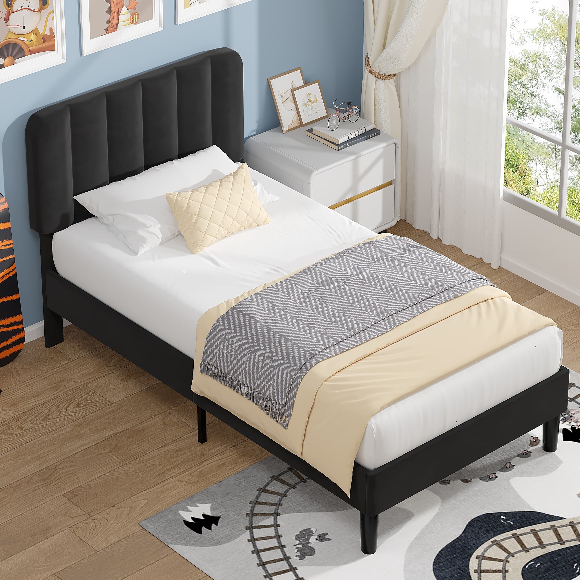 VECELO Upholstered Platform bedframe with Adjustable Headboard - VECELO