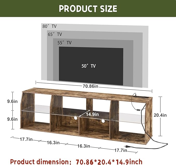 VECELO TV Stand with LED Strip & Power Outlets, Industrial Entertainment Center - VECELO