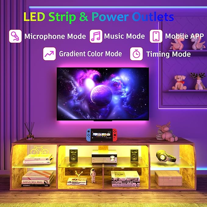 VECELO TV Stand with LED Strip & Power Outlets, Industrial Entertainment Center - VECELO