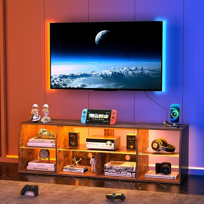 VECELO TV Stand with LED Strip & Power Outlets, Industrial Entertainment Center - VECELO