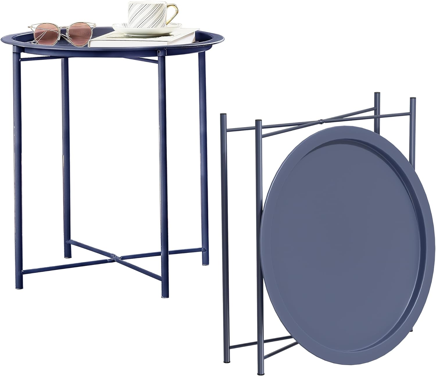 VECELO Metal Round End/Side Table with Removable Tray Small Folding Anti-Rust Nightstand - VECELO