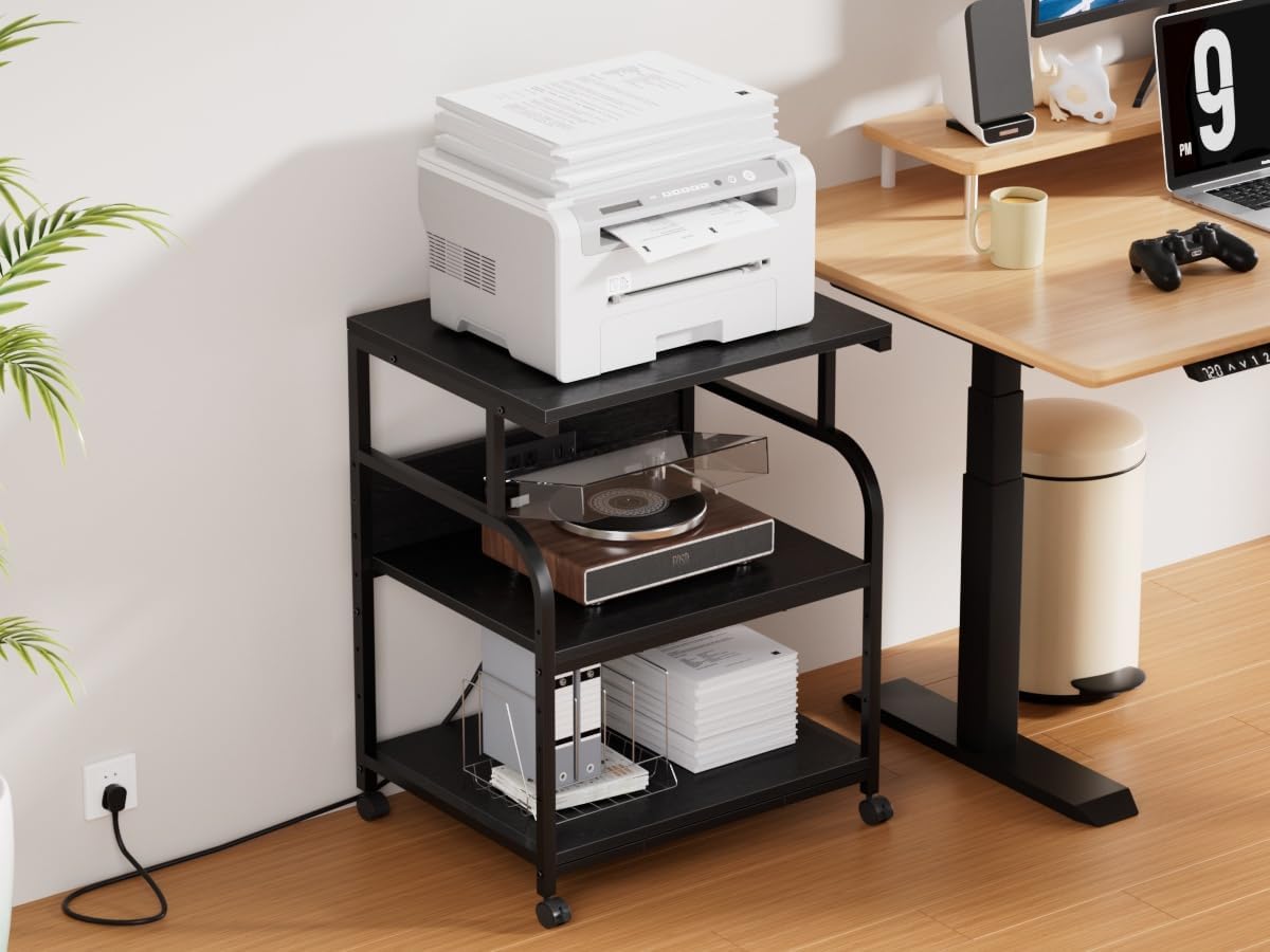 VECELO Adjustable Large Printer Stand with Power Outlet, 3-Tier Heavy Duty Cart on Lockable Wheels