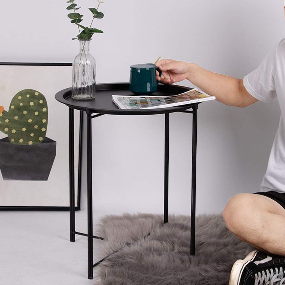 VECELO Metal Round End/Side Table with Removable Tray Small Folding Anti-Rust Nightstand - VECELO