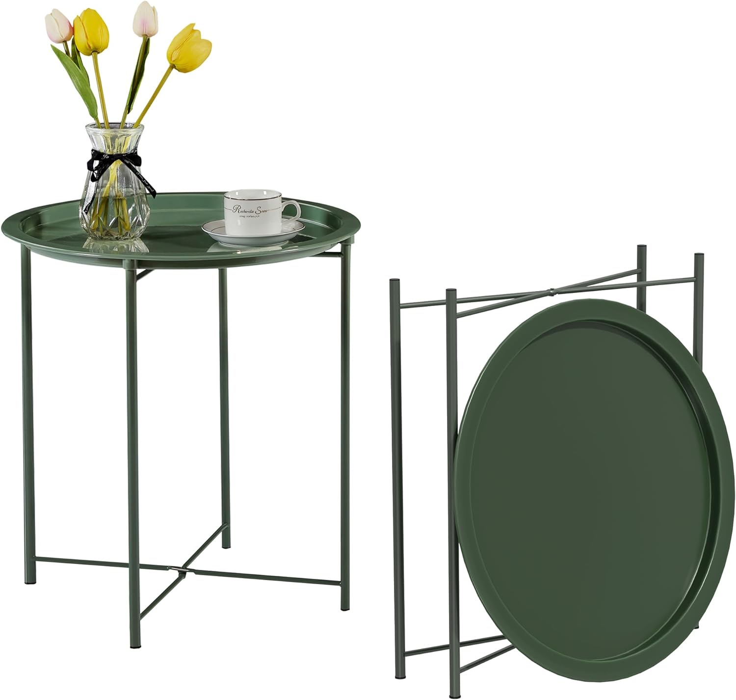 VECELO Metal Round End/Side Table with Removable Tray Small Folding Anti-Rust Nightstand - VECELO