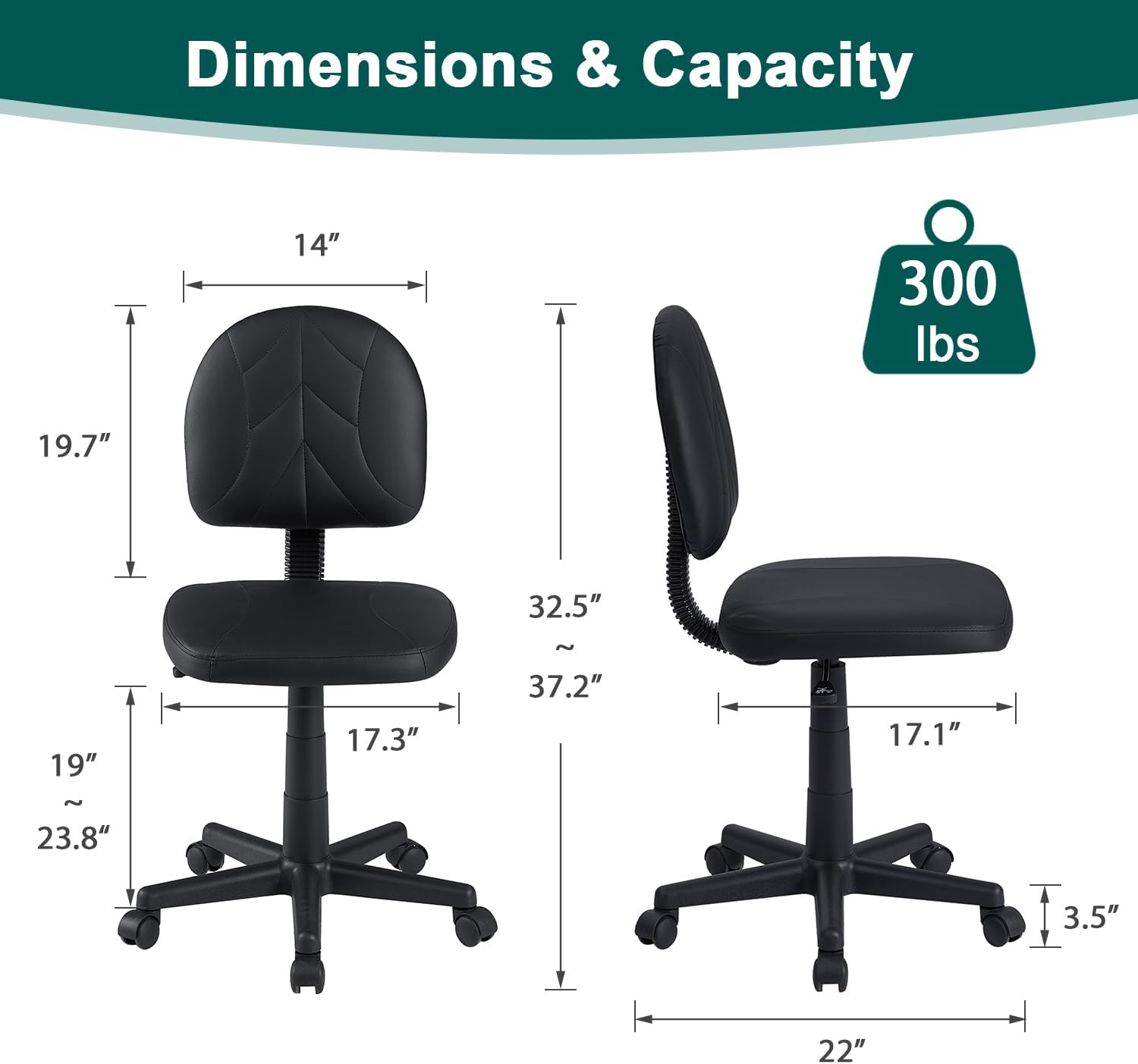VECELO Small Desk Armless Low-Backrest PU Leather Ergonomic Computer Chair - VECELO