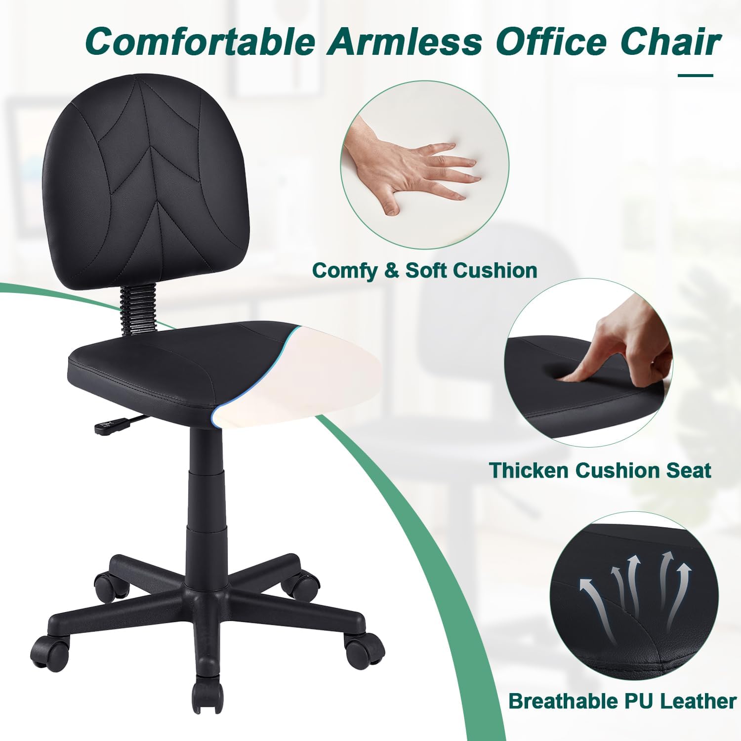VECELO Small Desk Armless Low-Backrest PU Leather Ergonomic Computer Chair - VECELO