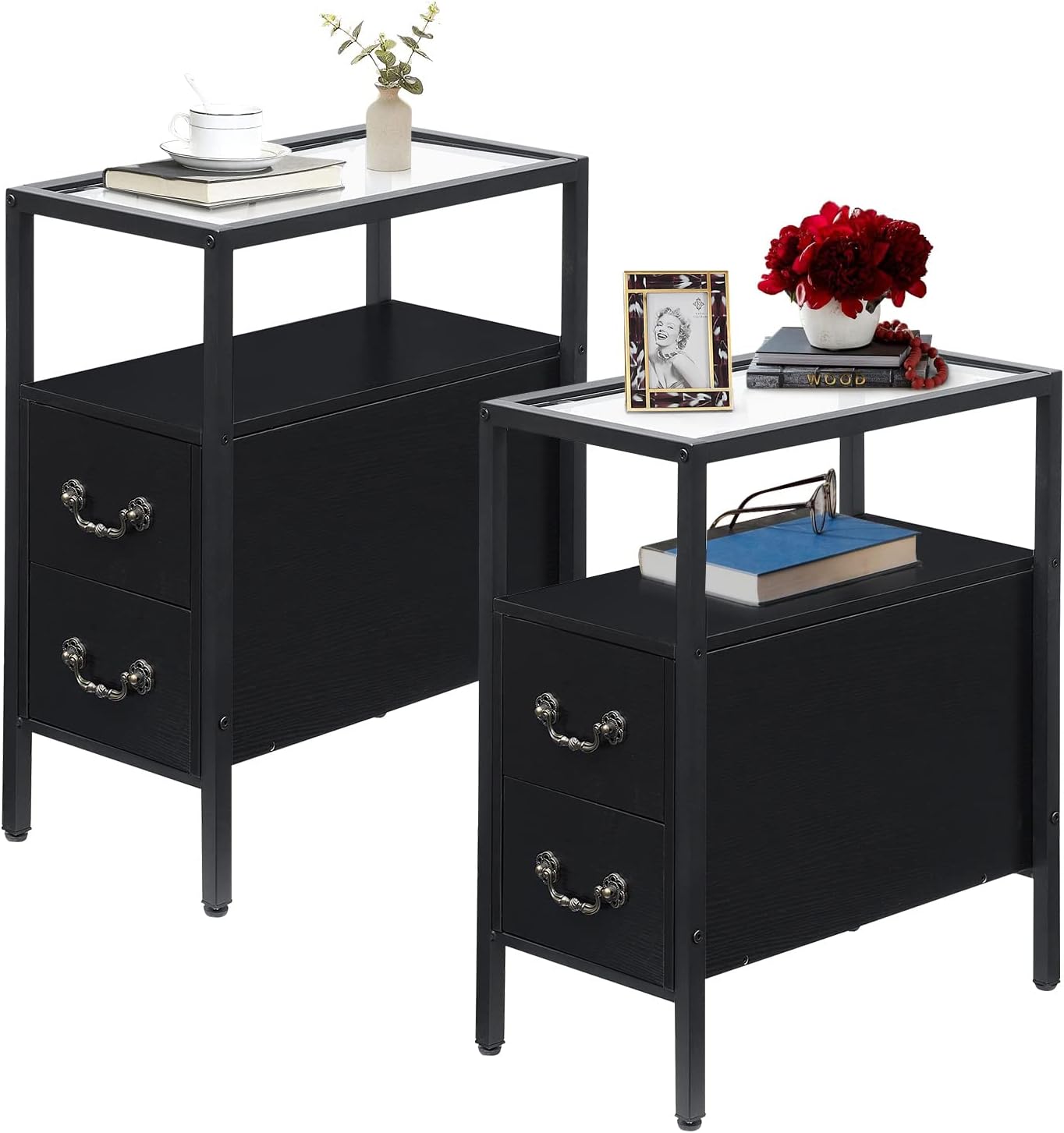 VECELO Narrow End Side Table/Nightstand with 2 Drawers & Open Shelf & Tempered Glass Top - VECELO