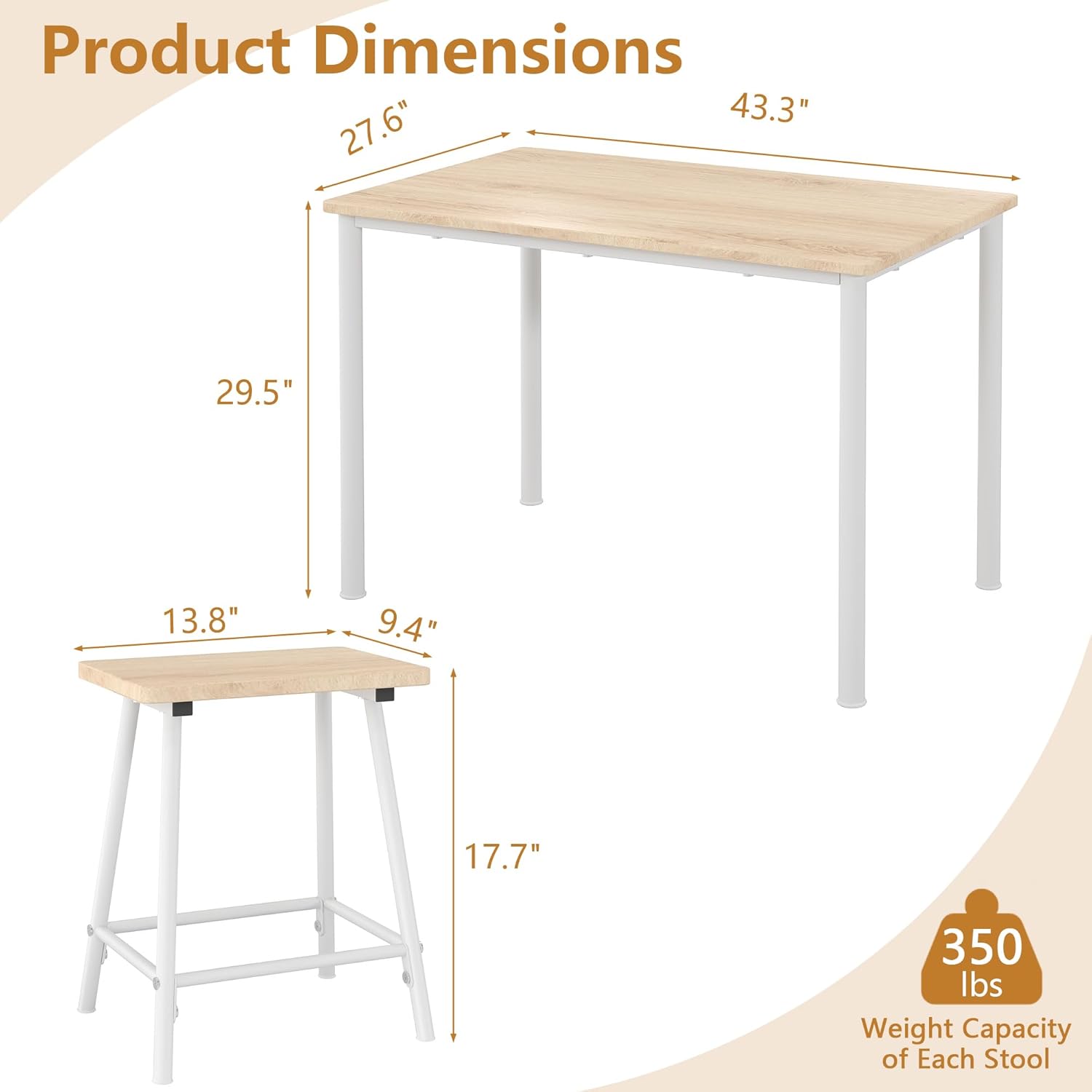 VECELO 5-Piece Dining Table Set Metal and Wood Kitchen Furniture with 4 Stools - VECELO